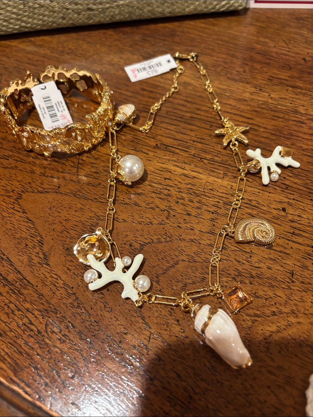 Talbots Gold-Tone Sea Charm Necklace with White Enamel & Pearls